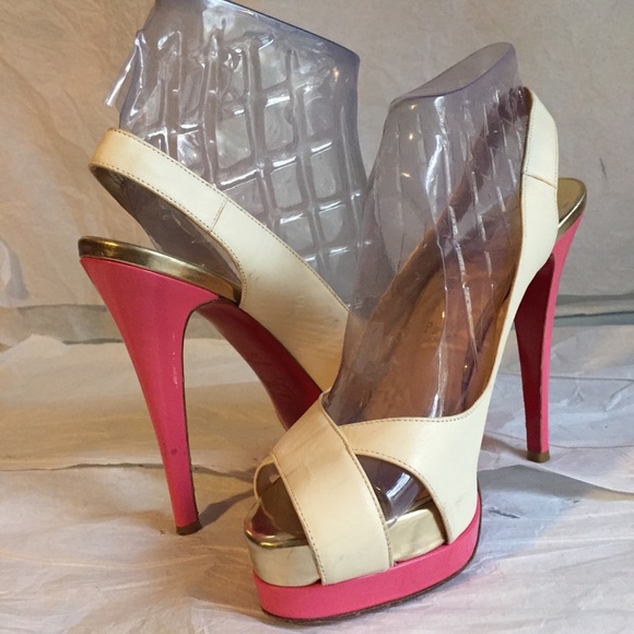 CHRISTIAN LOUBOUTIN BEIGE/PINK PLATFORMS SZ-37.5 - Picture 1 of 8